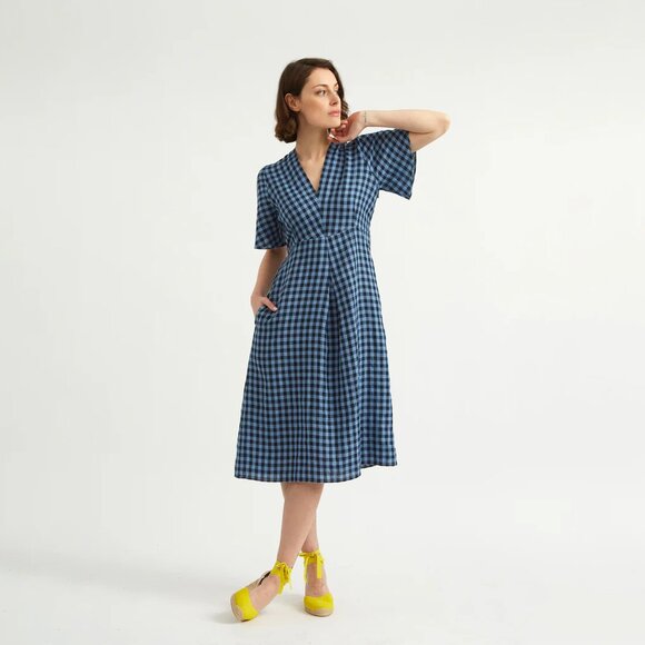 Justine Tabak Rye Dress Blue Linen Gingham Size XS - Picture 3 of 13